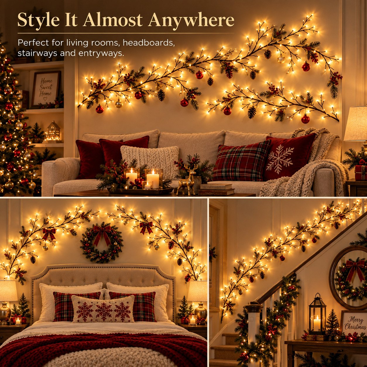 Flexible LED branch lights displayed in living room bedroom and stairway settings