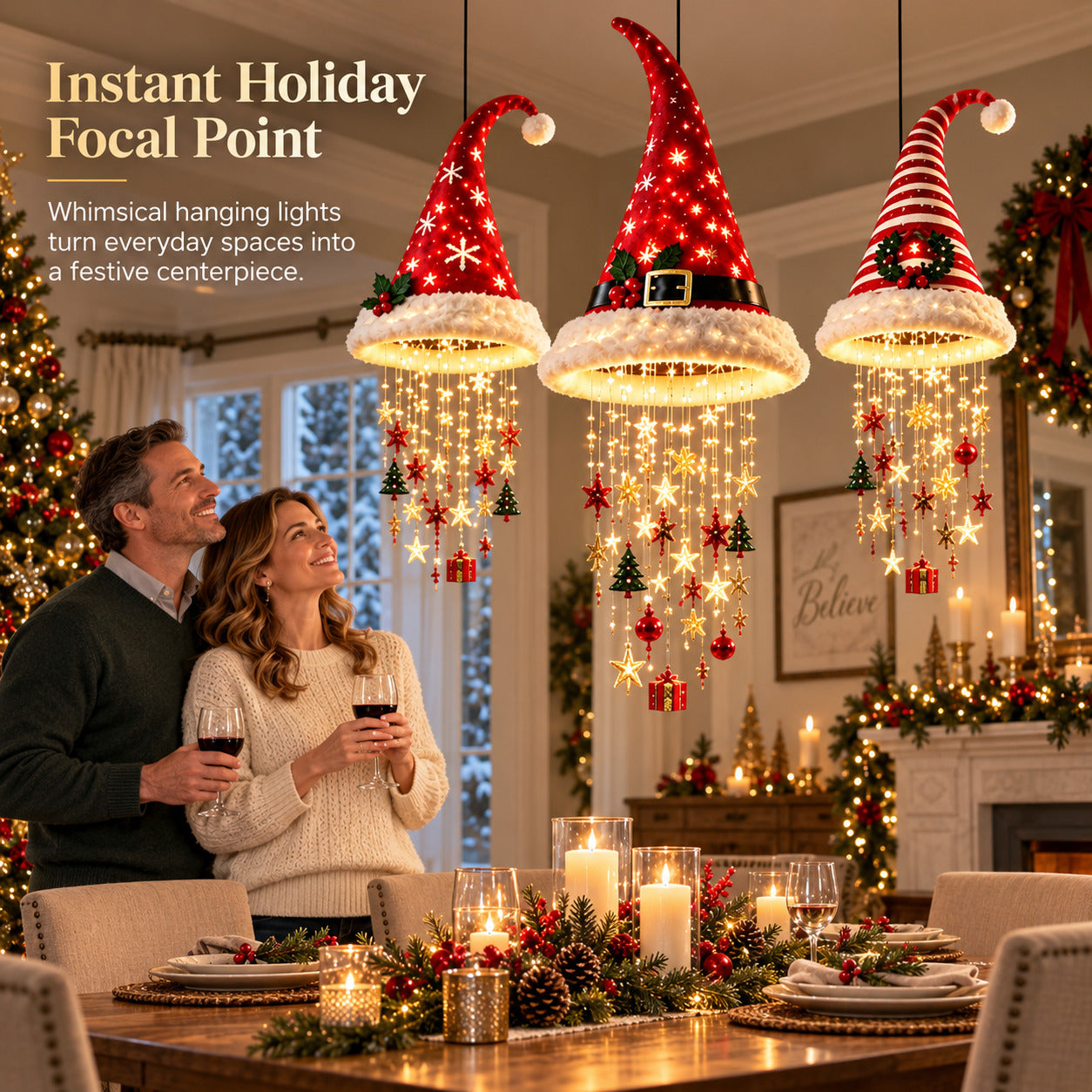 Multiple Santa hat hanging lights as a Christmas focal point