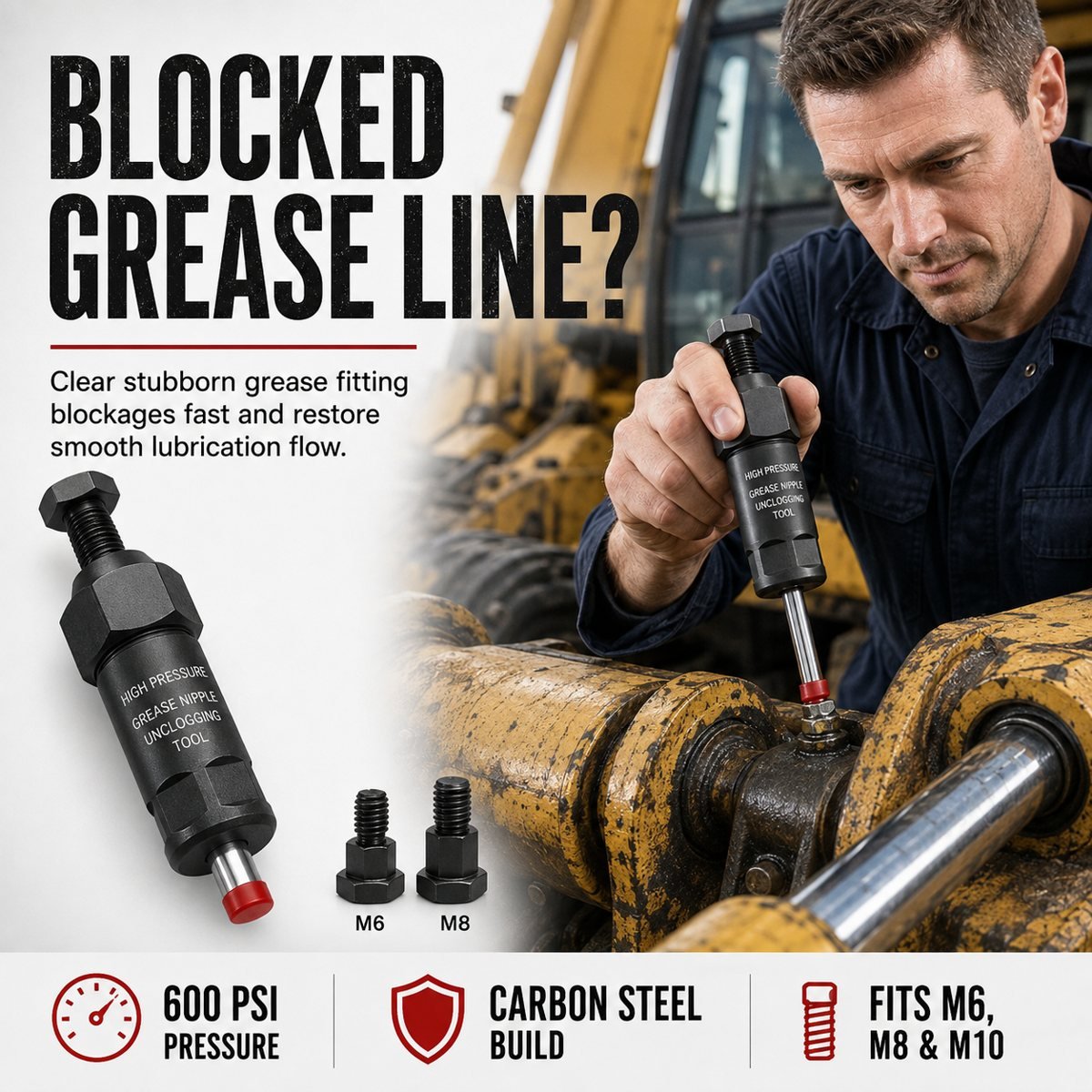 Heavy-duty grease fitting unclogging tool hero image