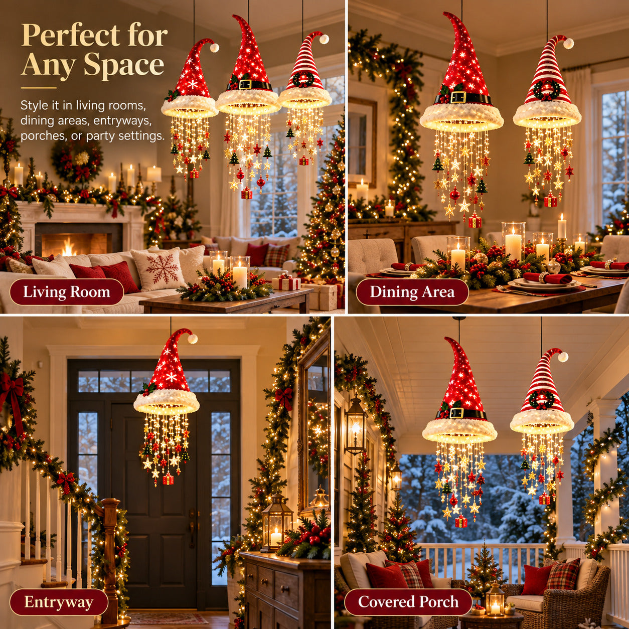 Santa hat chandelier shown in multiple holiday spaces