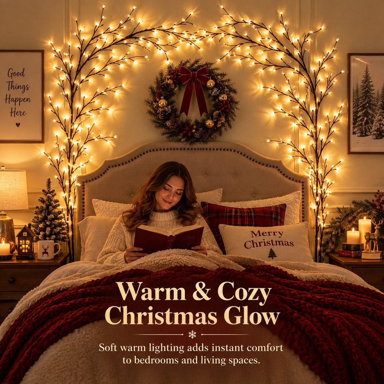 Warm LED branch lights creating a cozy Christmas bedroom