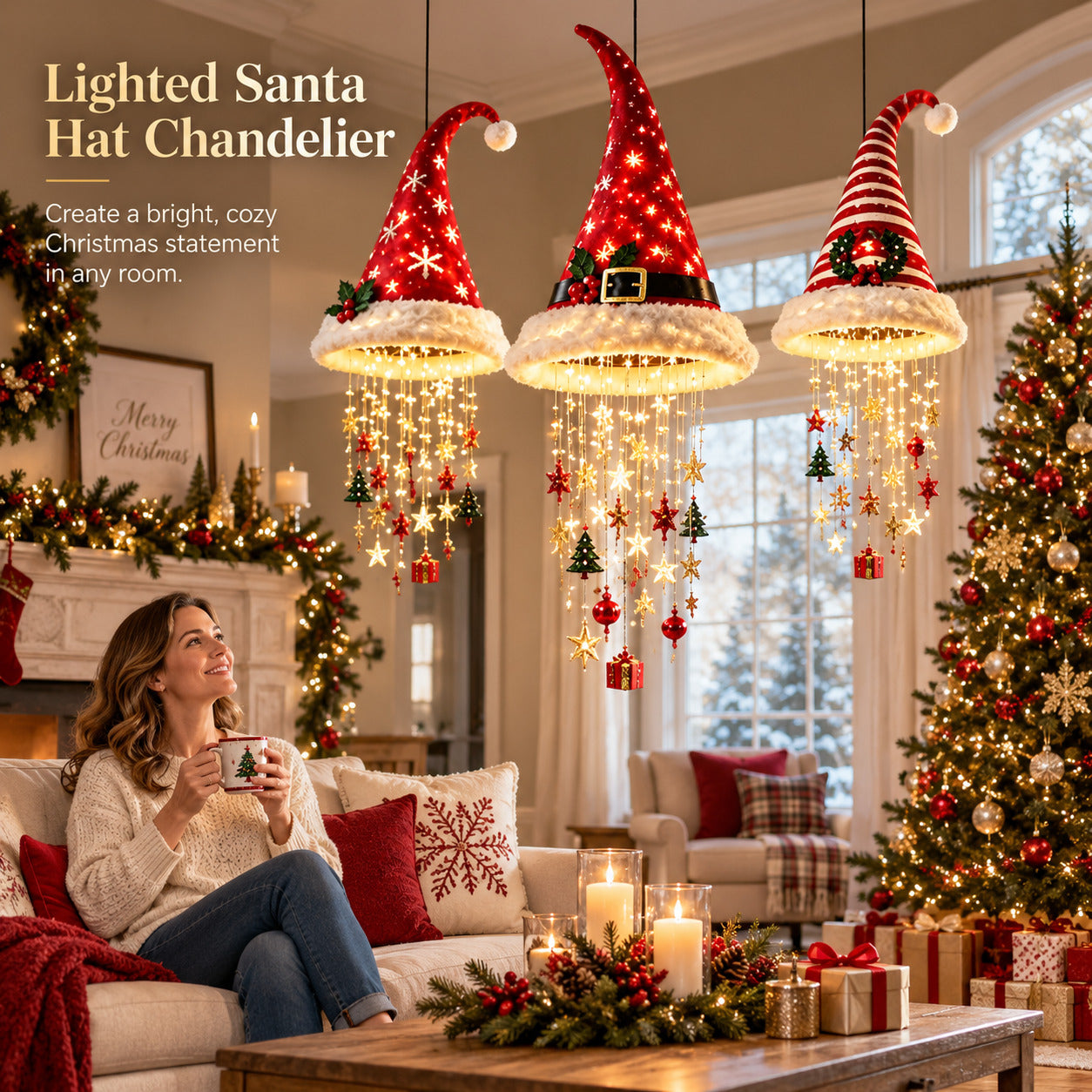 Lighted Santa Hat Chandelier Christmas living room display