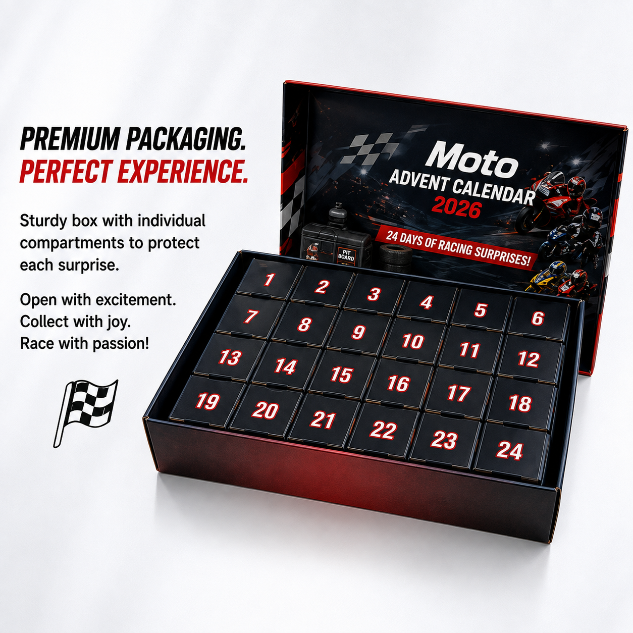Premium advent calendar packaging with 24 compartments