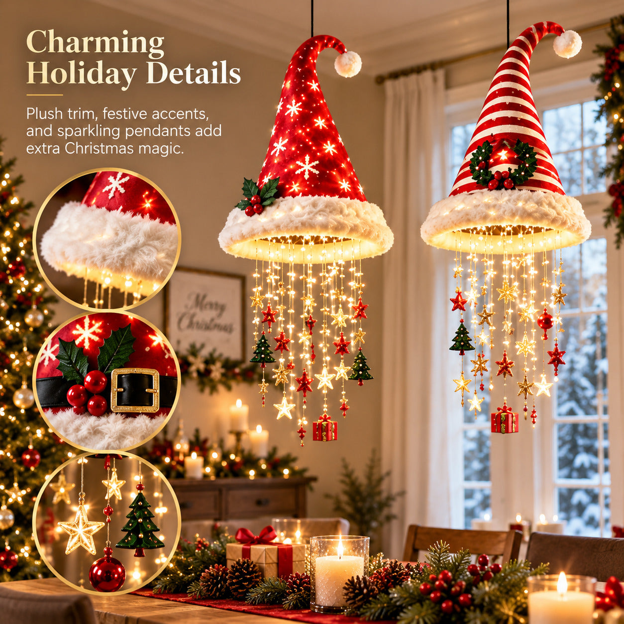 Santa hat chandelier plush trim and festive pendant details
