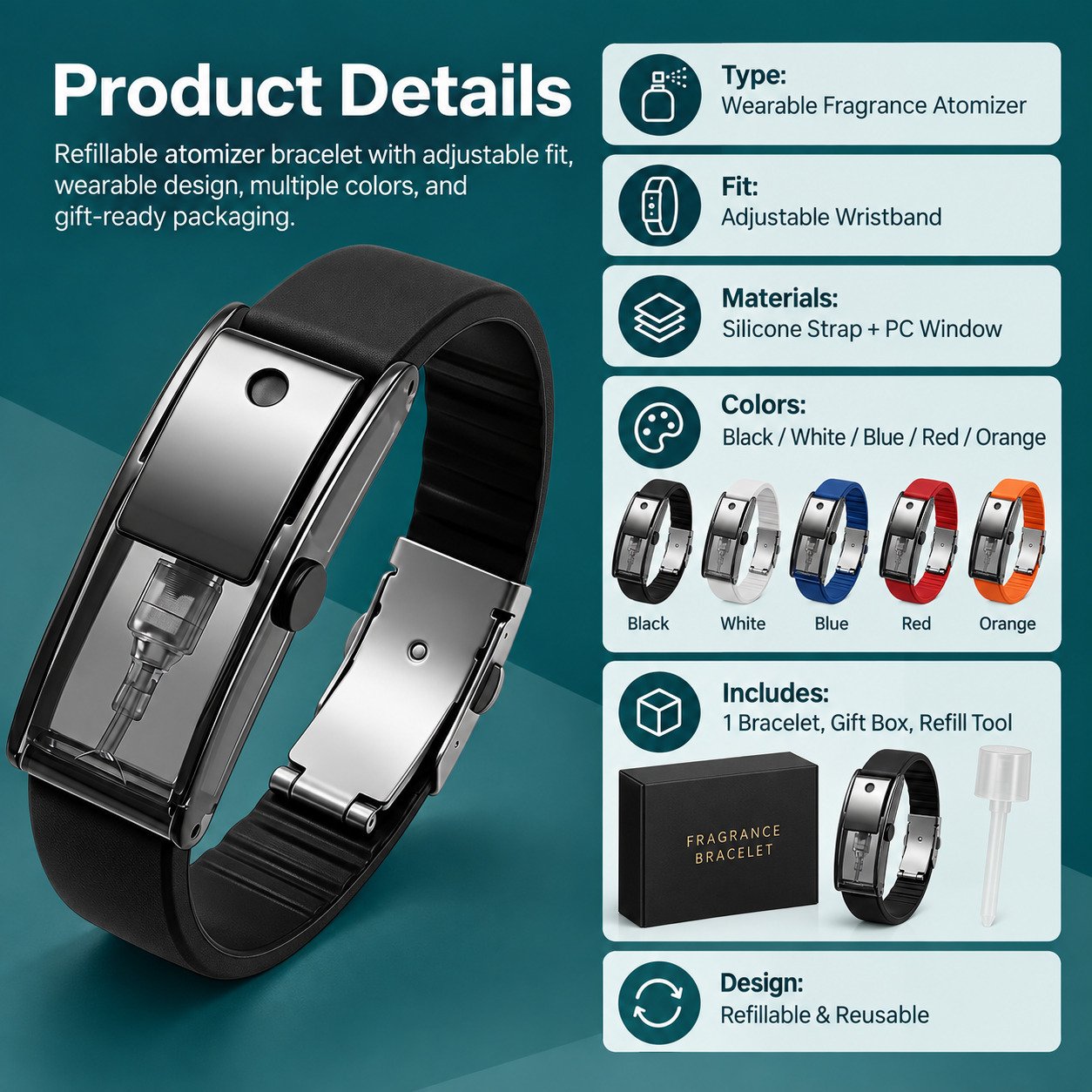 Refillable fragrance bracelet product specifications
