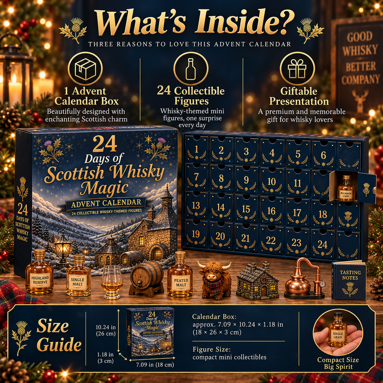 What is inside the Scottish whisky magic advent calendar and size guide