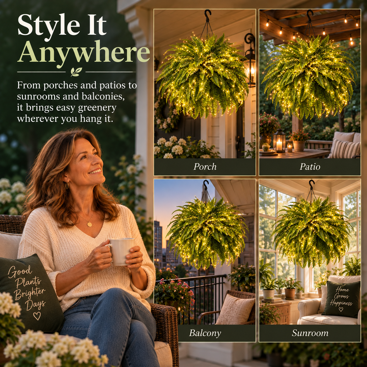 💛Glowing Boston Ferns with Lights – 🌿 Zero Watering, Zero Maintenance