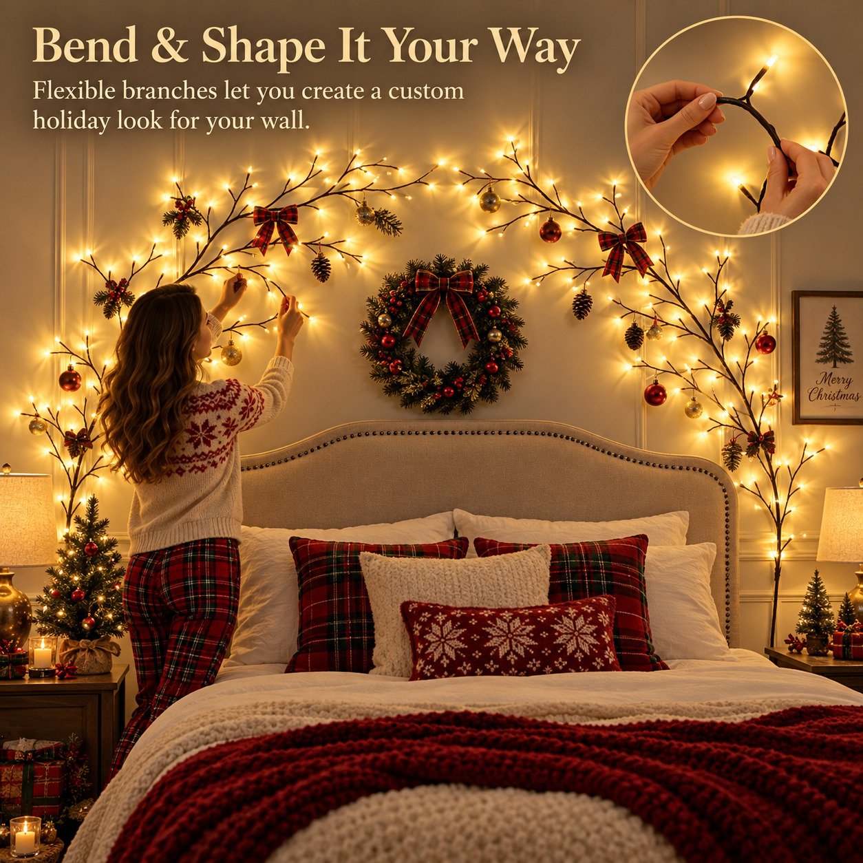 Woman shaping flexible LED branch wall lights around a bed