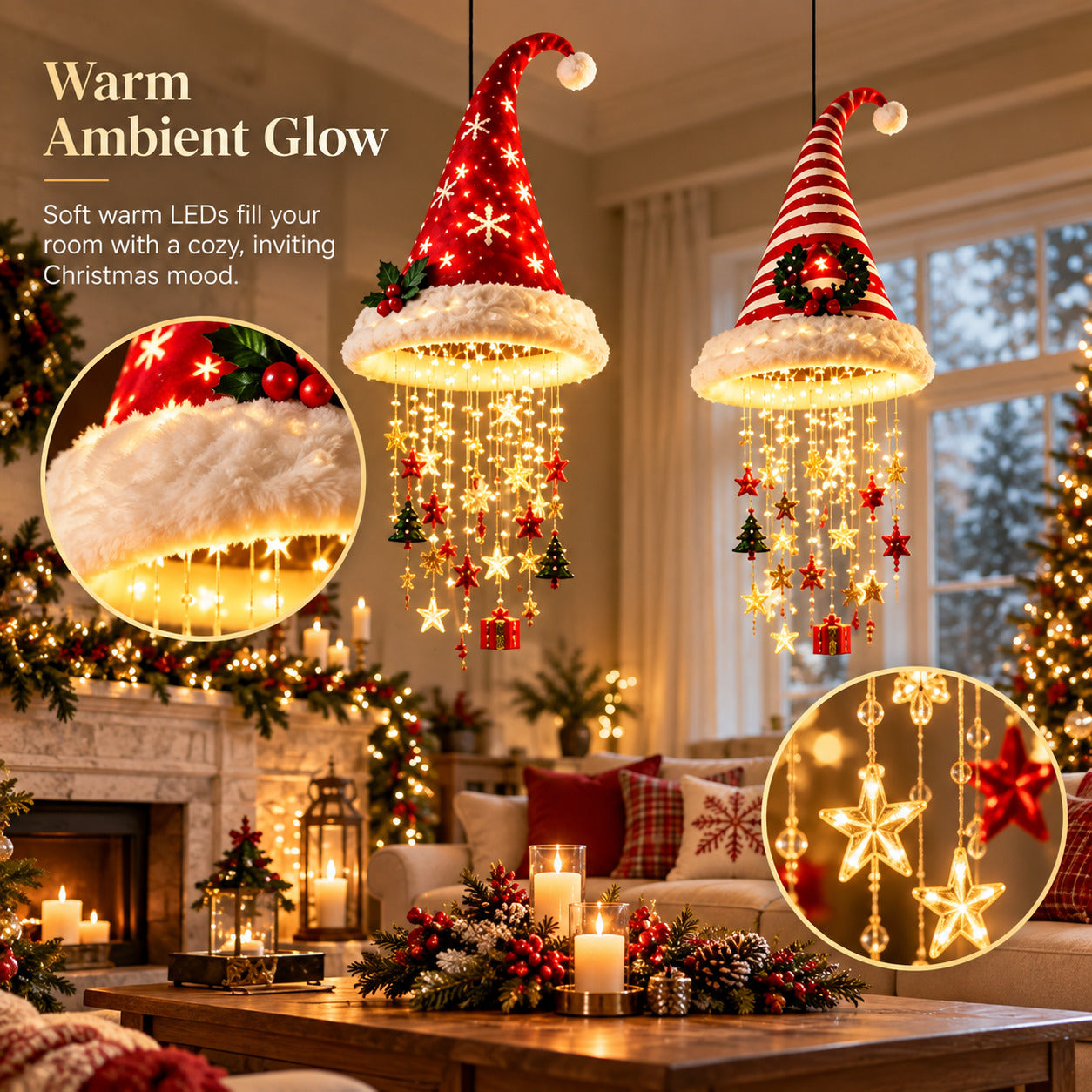 Warm ambient LED glow with Santa hat chandelier details