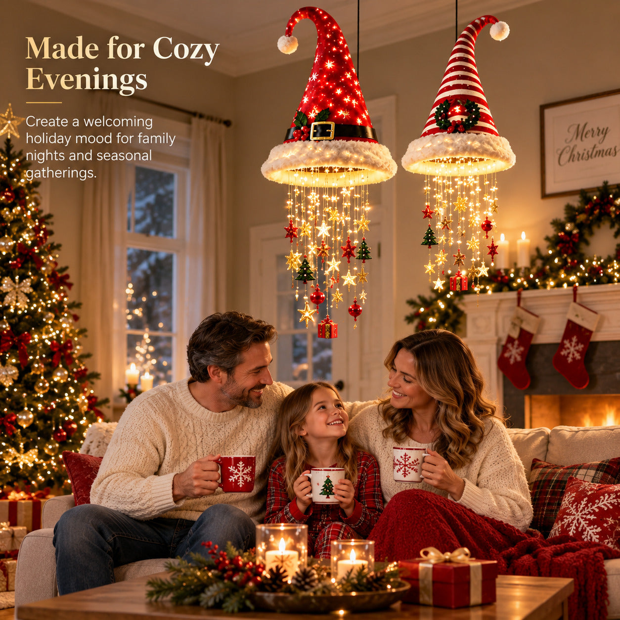 Family enjoying a cozy Christmas evening under Santa hat chandeliers