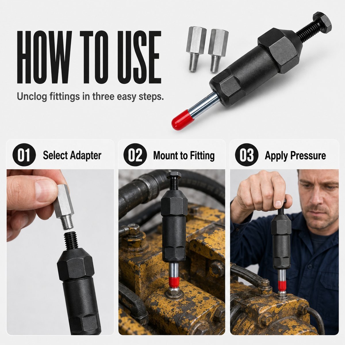 How to use the grease fitting unclogging tool