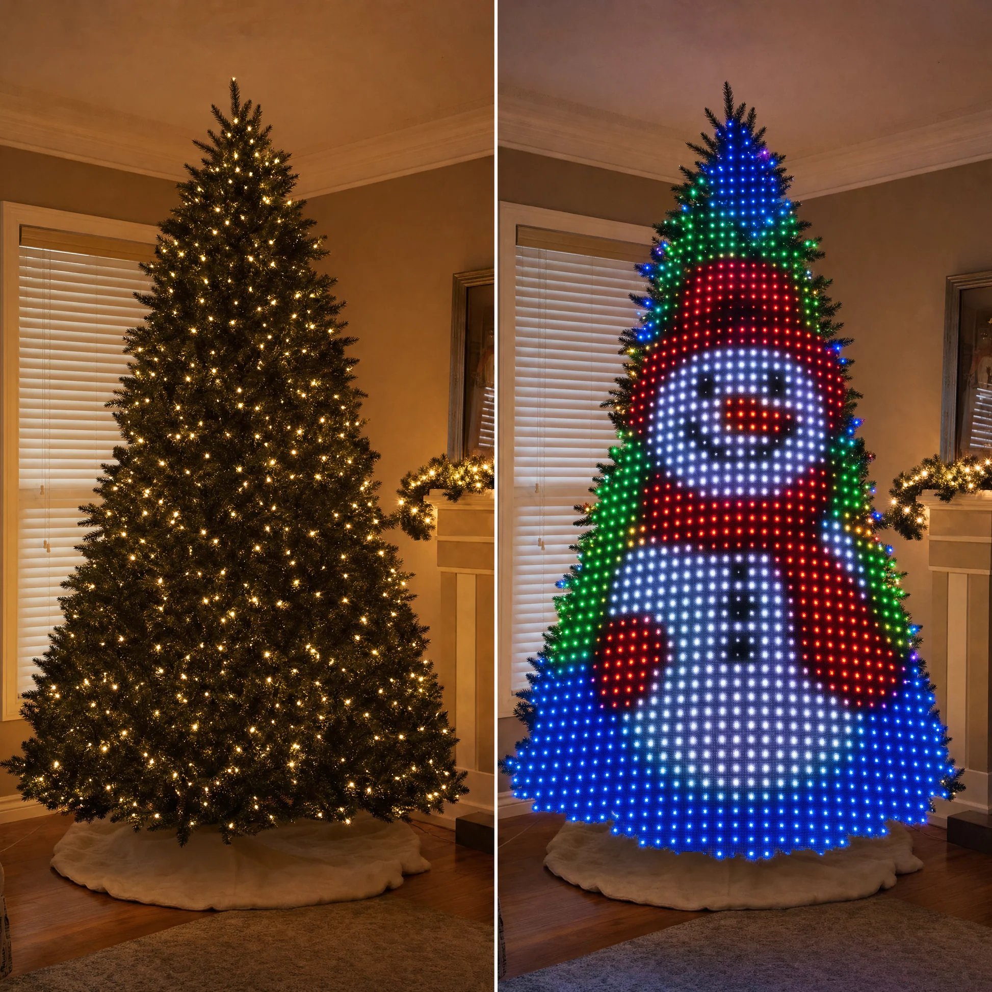 Classic lights compared with a smart animated tree display