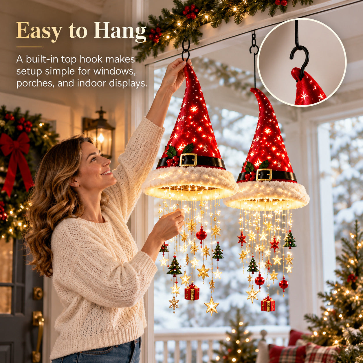 Easy hanging Santa hat chandelier with built-in top hook