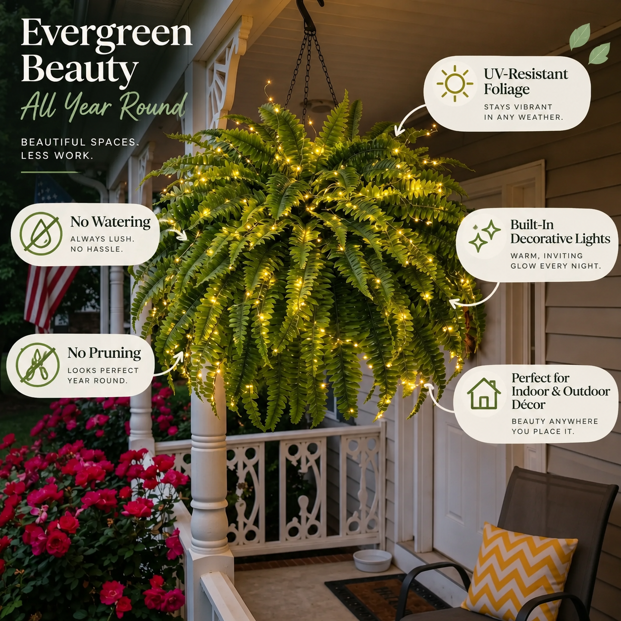 💛Glowing Boston Ferns with Lights – 🌿 Zero Watering, Zero Maintenance