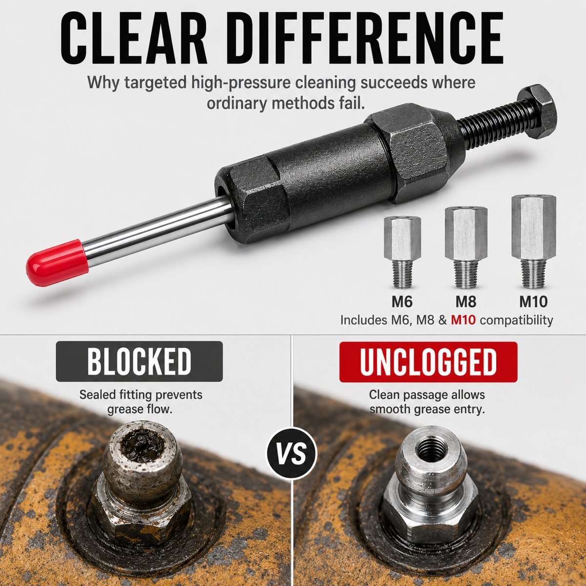 Before and after grease fitting comparison image