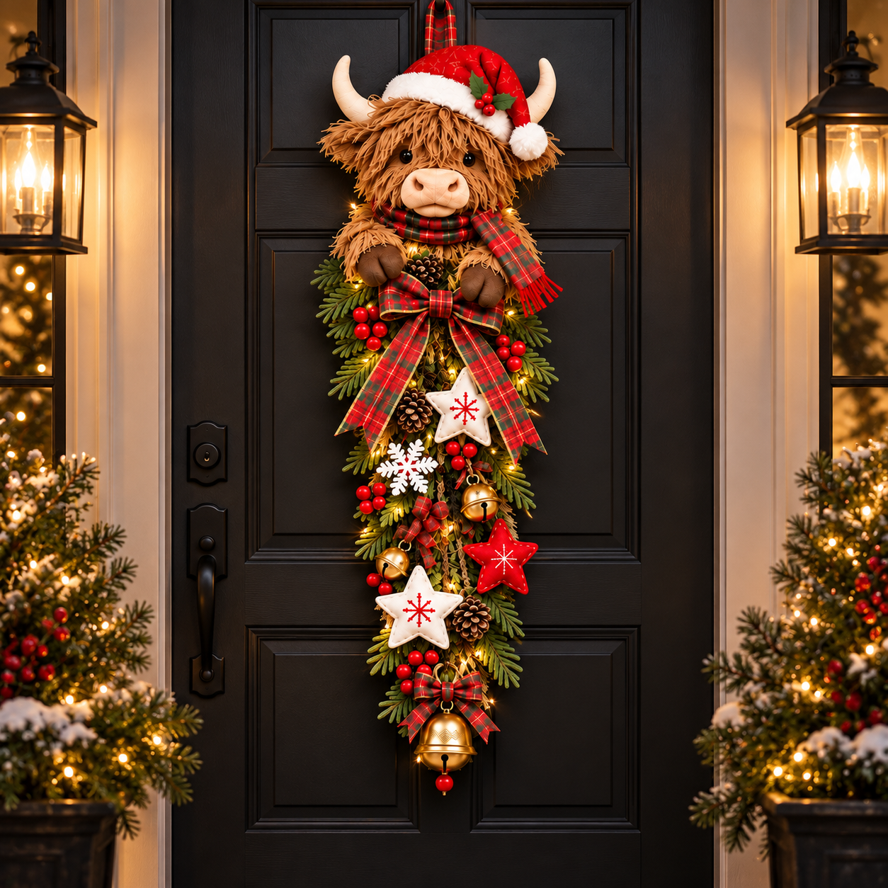 Lighted Highland Cow Christmas Door Swag Night View