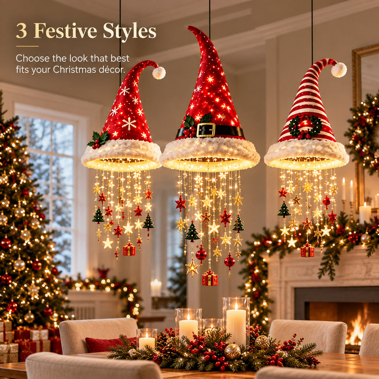 Three festive Santa hat chandelier styles