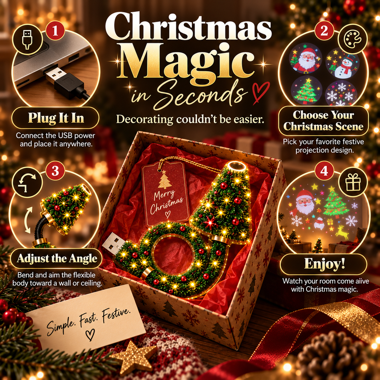 Four-step setup for USB Christmas projection light