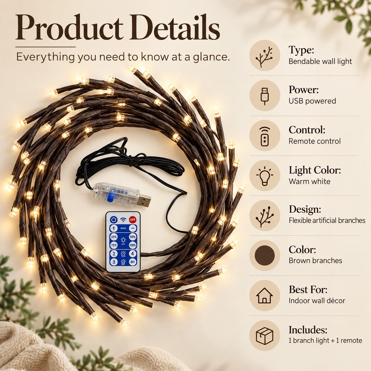 Flexible LED branch light product details with USB power and remote control