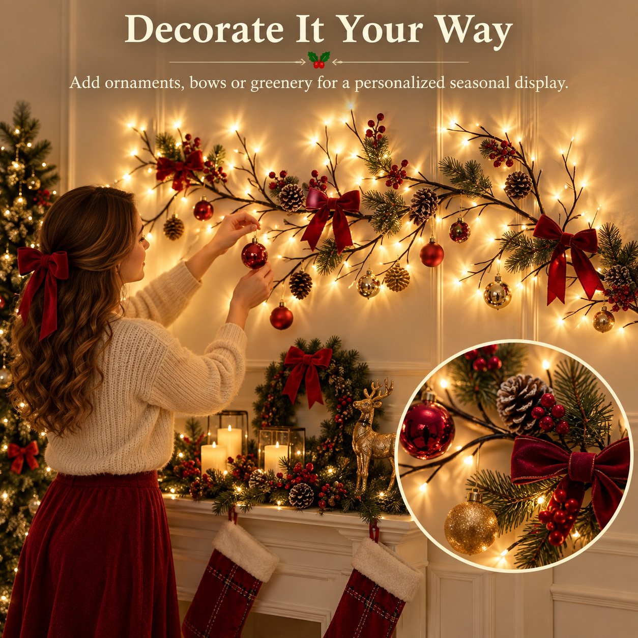 Woman adding ornaments bows and greenery to flexible LED branches