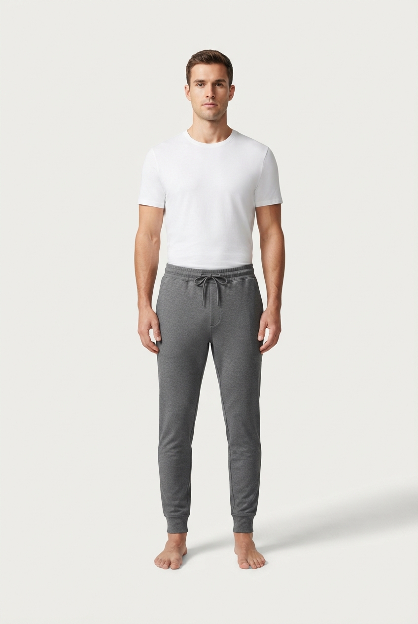 Gray athletic knit jogger pants on model