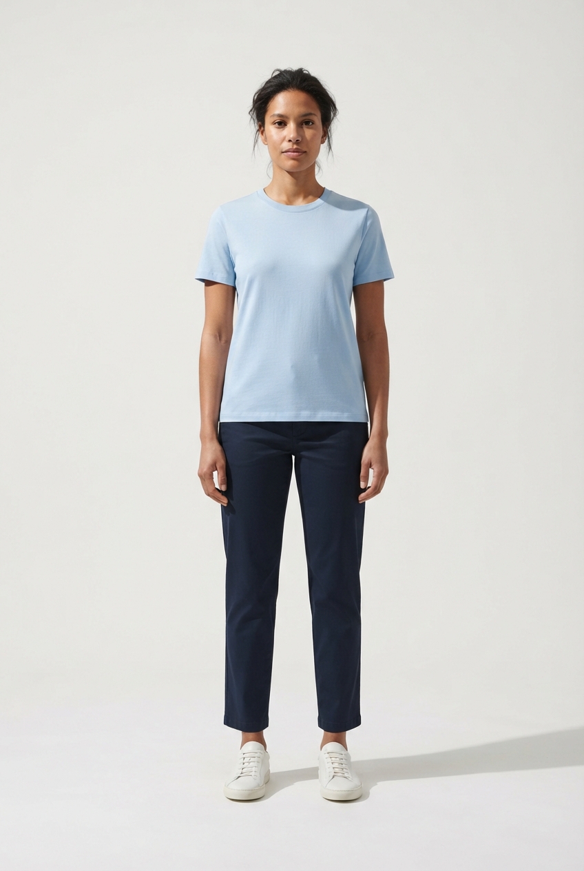 Lightblue cotton crewneck T-shirt on model