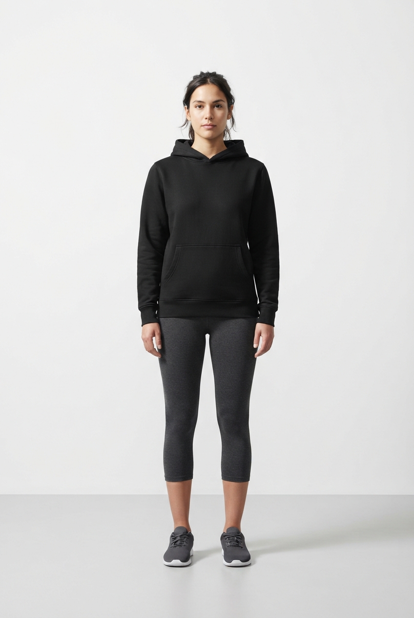 Black fleece hoodie on model