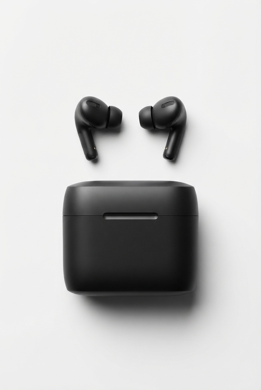 Black wireless Bluetooth earbuds with charging case