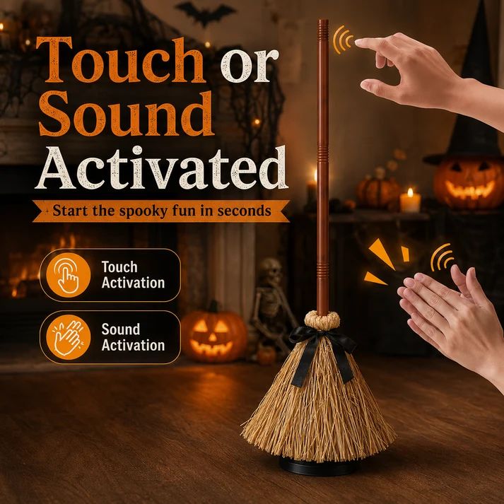 🧙‍♀️  Animated Floating Witch Broom Halloween Decor | Sound & Touch Activated🧹 - image-6a9f9462cdc0a3ff25e5ec54