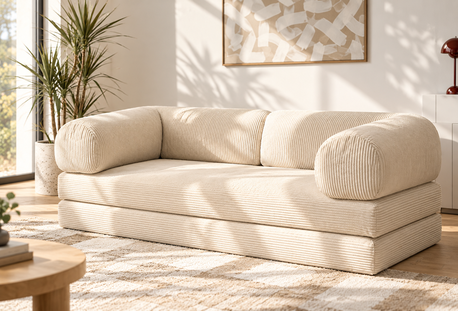Modern Cream Corduroy Sofa with Two Soft Cushions