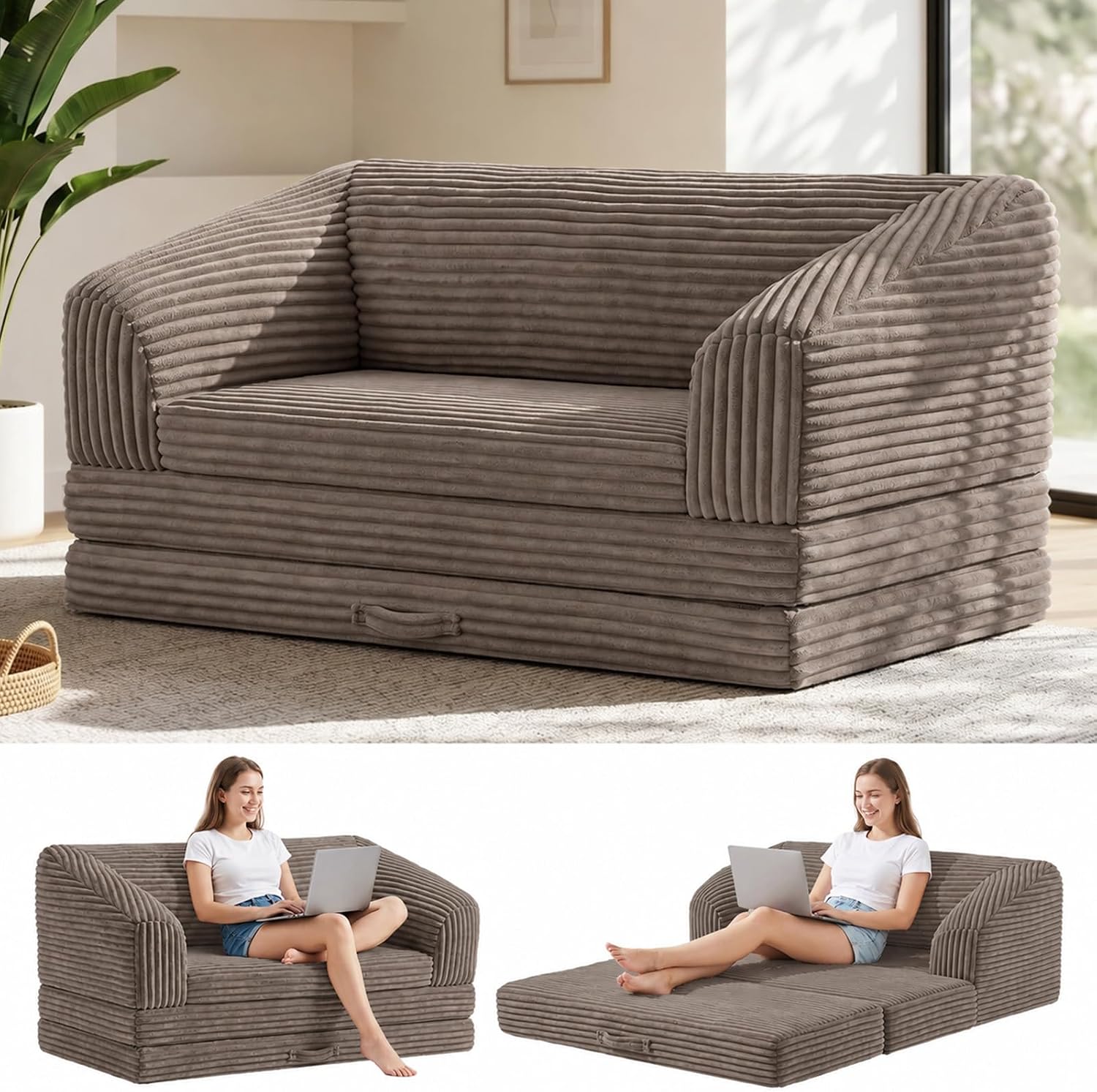 Convertible Boneless Loveseat Sleeper Sofa Bed, Folding Oversized Bean Bag Couch, Comfy Sofa Chairs for Adults with Filling
