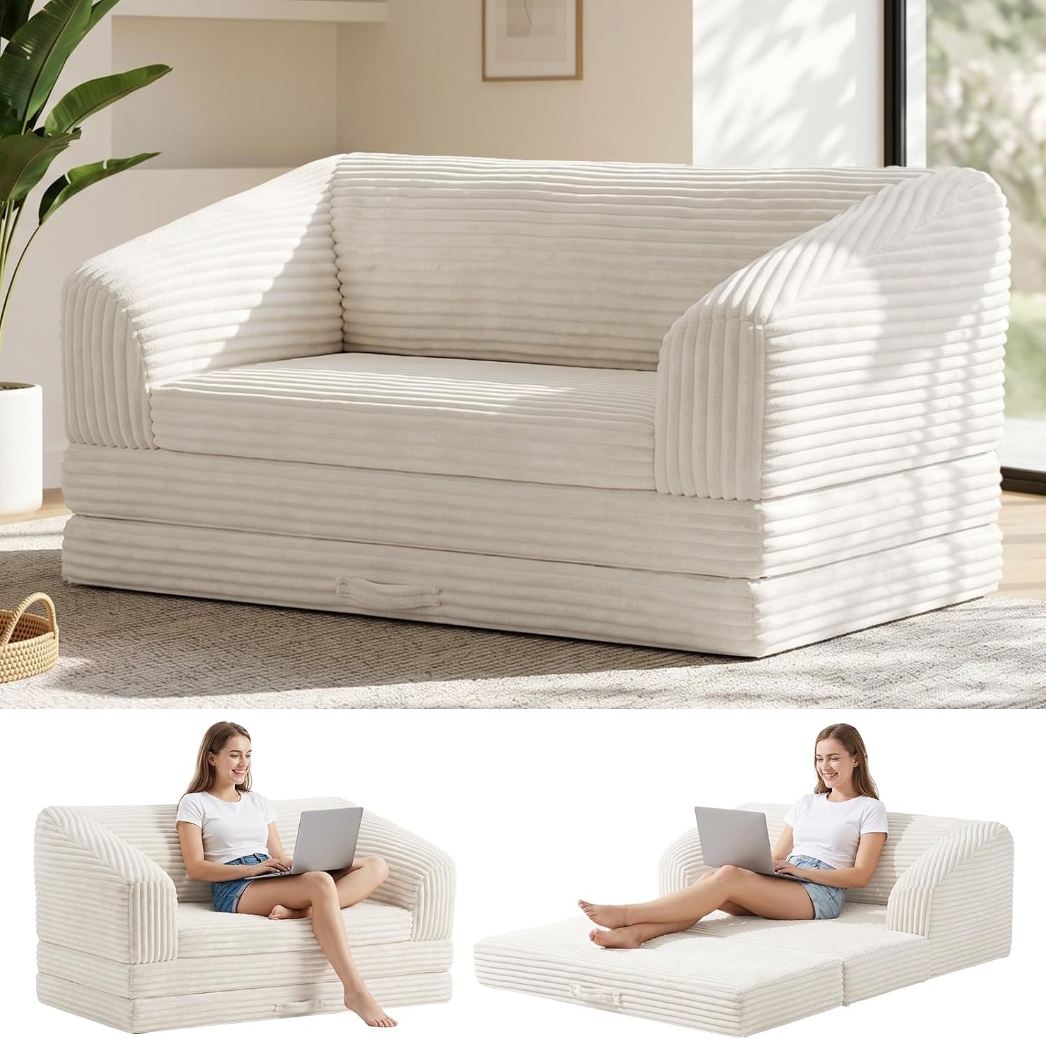 Convertible Boneless Loveseat Sleeper Sofa Bed, Folding Oversized Bean Bag Couch, Comfy Sofa Chairs for Adults with Filling