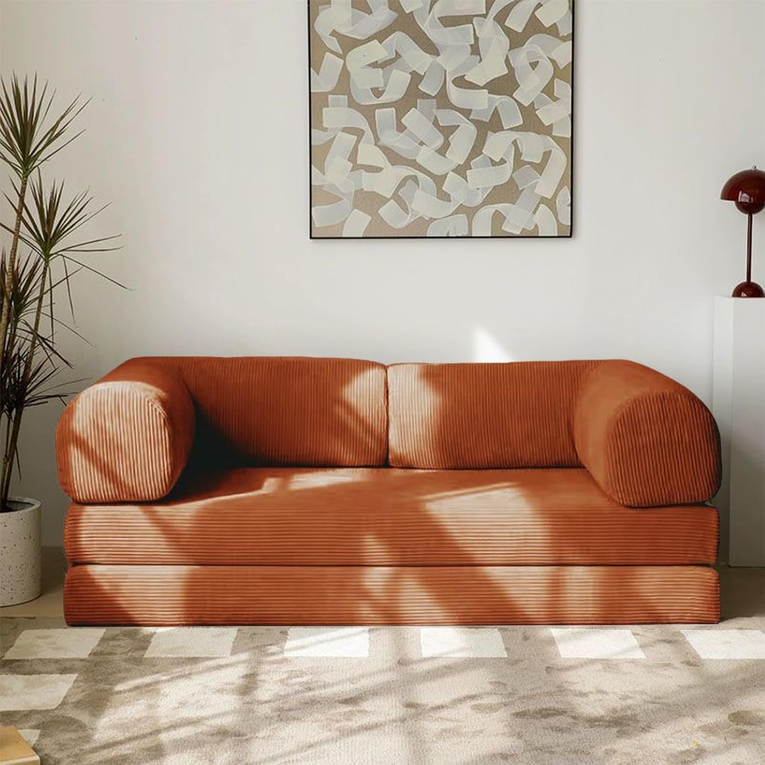 Convertible Sleeper Sofa Bed, Compression Retro Corduroy Fabric Sofa, Small Apartment Modular Sofa for Living Room(White,150x100x75cm)