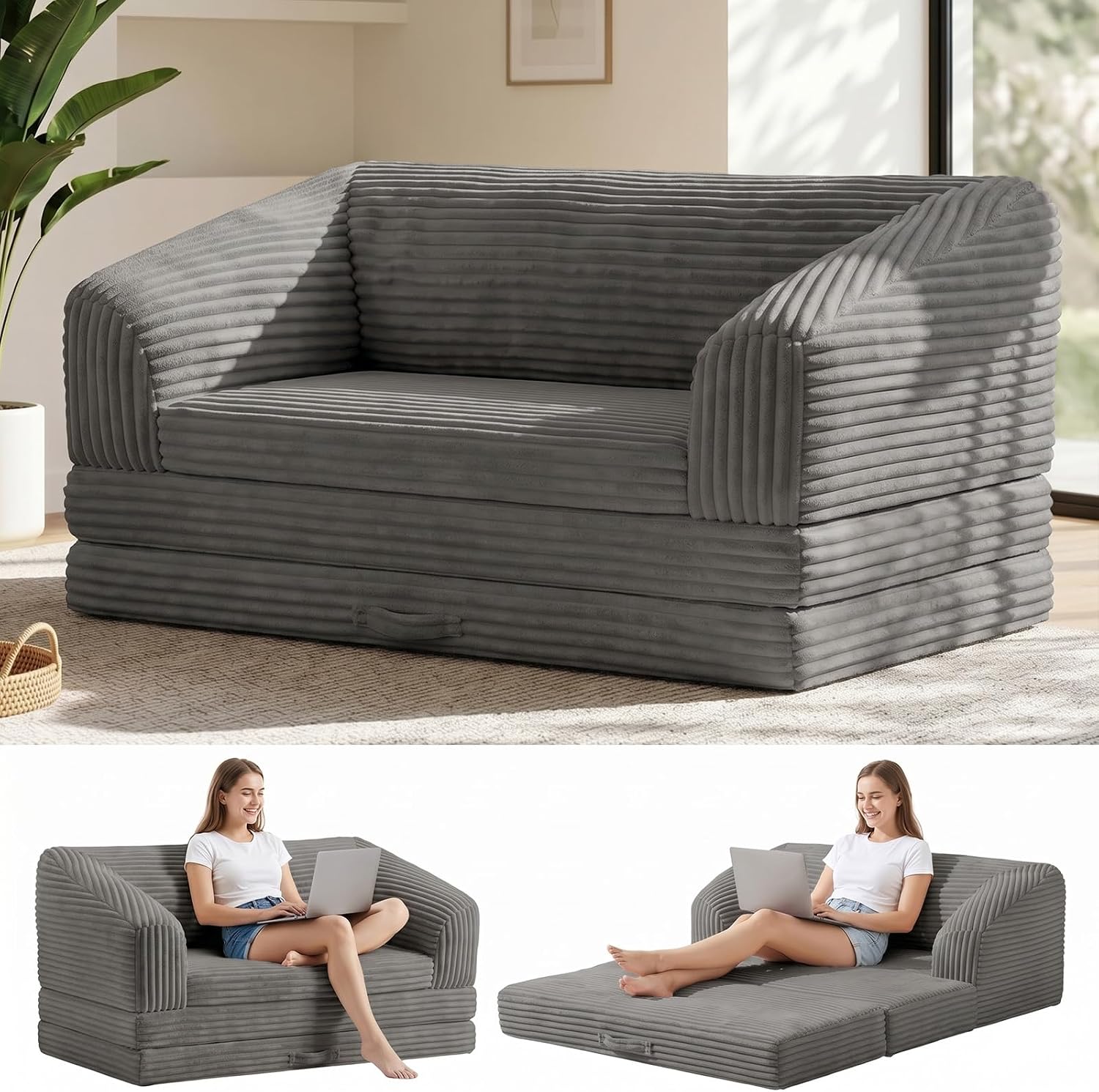 Convertible Boneless Loveseat Sleeper Sofa Bed, Folding Oversized Bean Bag Couch, Comfy Sofa Chairs for Adults with Filling