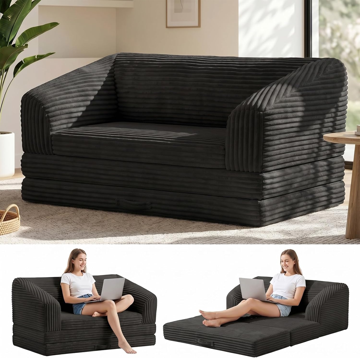 Convertible Boneless Loveseat Sleeper Sofa Bed, Folding Oversized Bean Bag Couch, Comfy Sofa Chairs for Adults with Filling