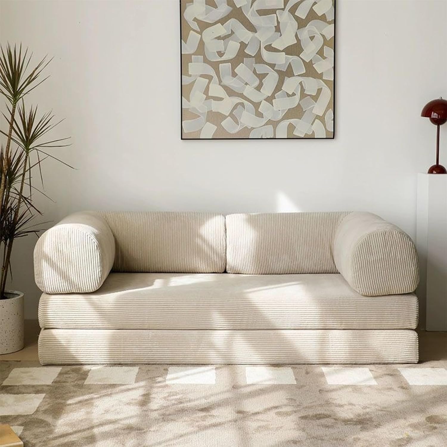 Convertible Sleeper Sofa Bed, Compression Retro Corduroy Fabric Sofa, Small Apartment Modular Sofa for Living Room(White,150x100x75cm)