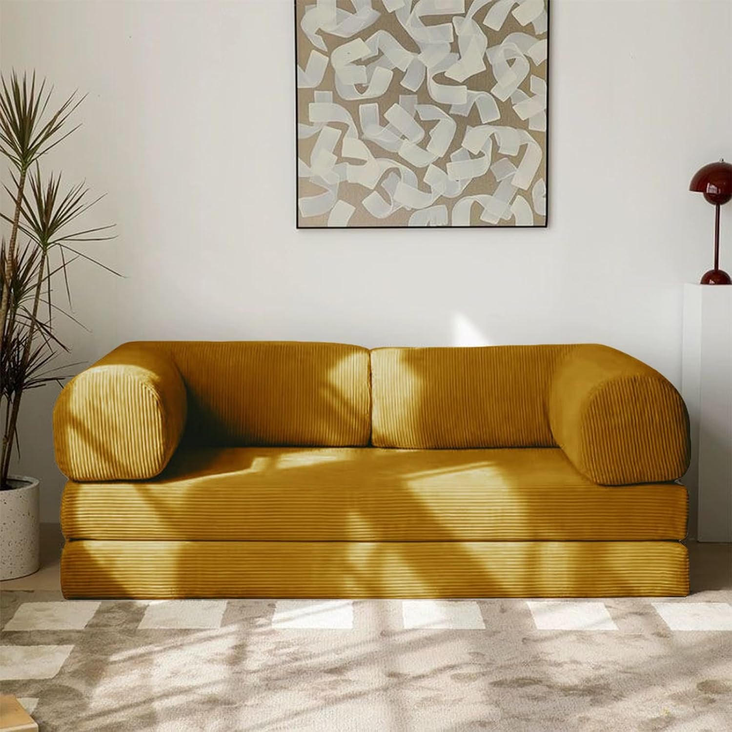 Convertible Sleeper Sofa Bed, Compression Retro Corduroy Fabric Sofa, Small Apartment Modular Sofa for Living Room(White,150x100x75cm)