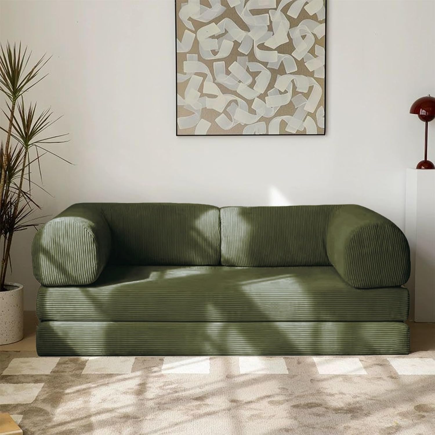 Convertible Sleeper Sofa Bed, Compression Retro Corduroy Fabric Sofa, Small Apartment Modular Sofa for Living Room(White,150x100x75cm)