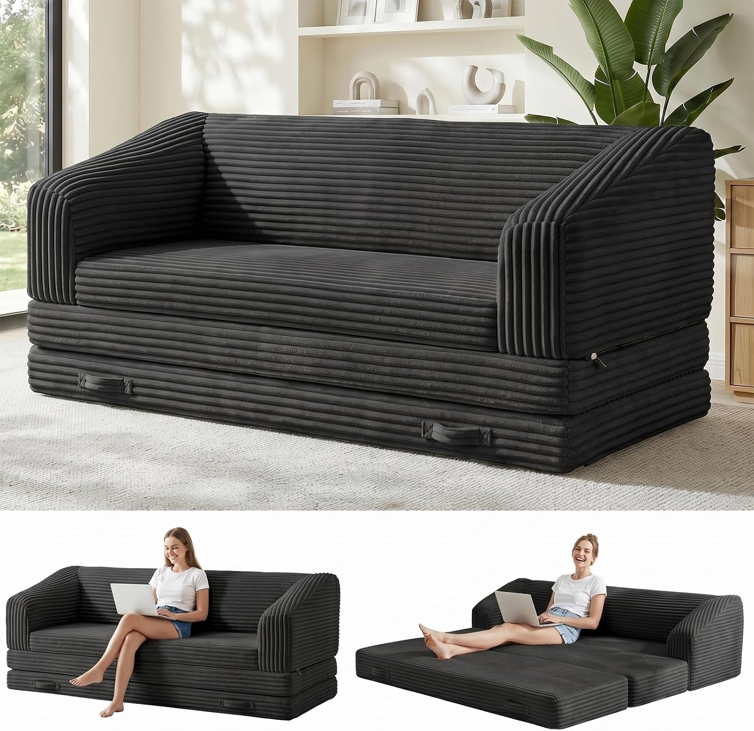 Convertible Boneless Loveseat Sleeper Sofa Bed, Folding Oversized Bean Bag Couch, Comfy Sofa Chairs for Adults with Filling