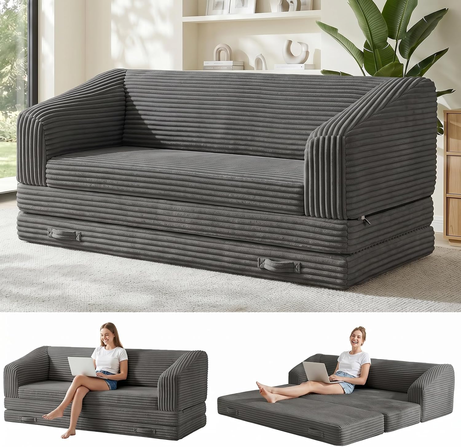 Convertible Boneless Loveseat Sleeper Sofa Bed, Folding Oversized Bean Bag Couch, Comfy Sofa Chairs for Adults with Filling