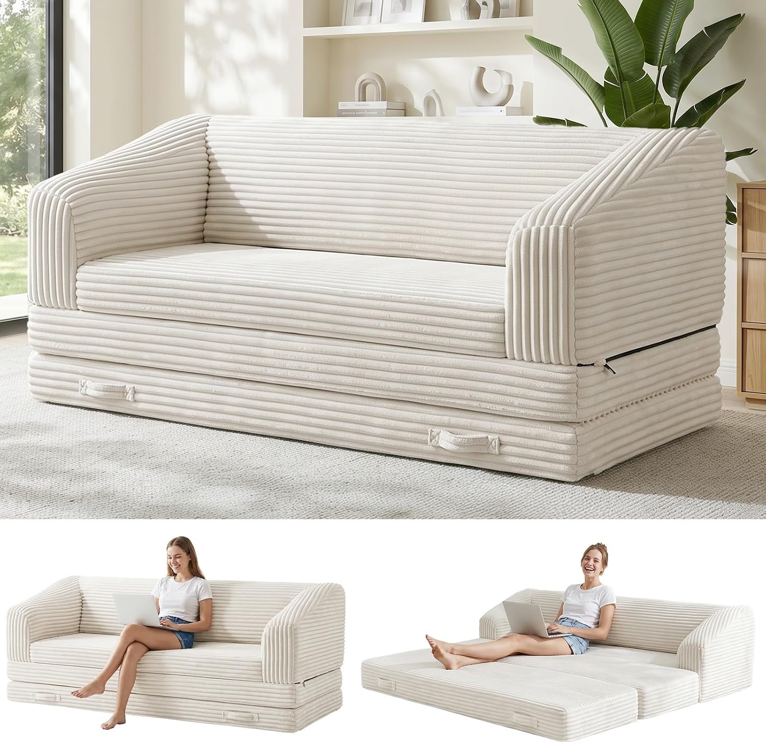 Convertible Boneless Loveseat Sleeper Sofa Bed, Folding Oversized Bean Bag Couch, Comfy Sofa Chairs for Adults with Filling