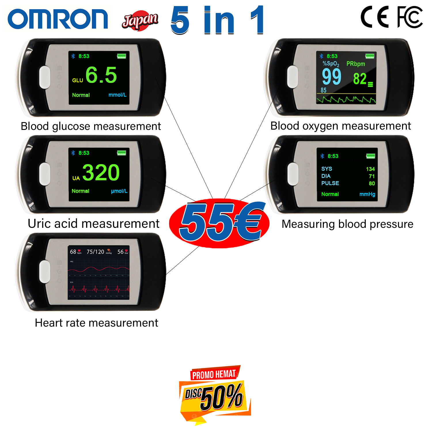 Omron neinvazīvs glikozes mērītājs asinīs (5 sekunžu mērījums/99% precizitāte)