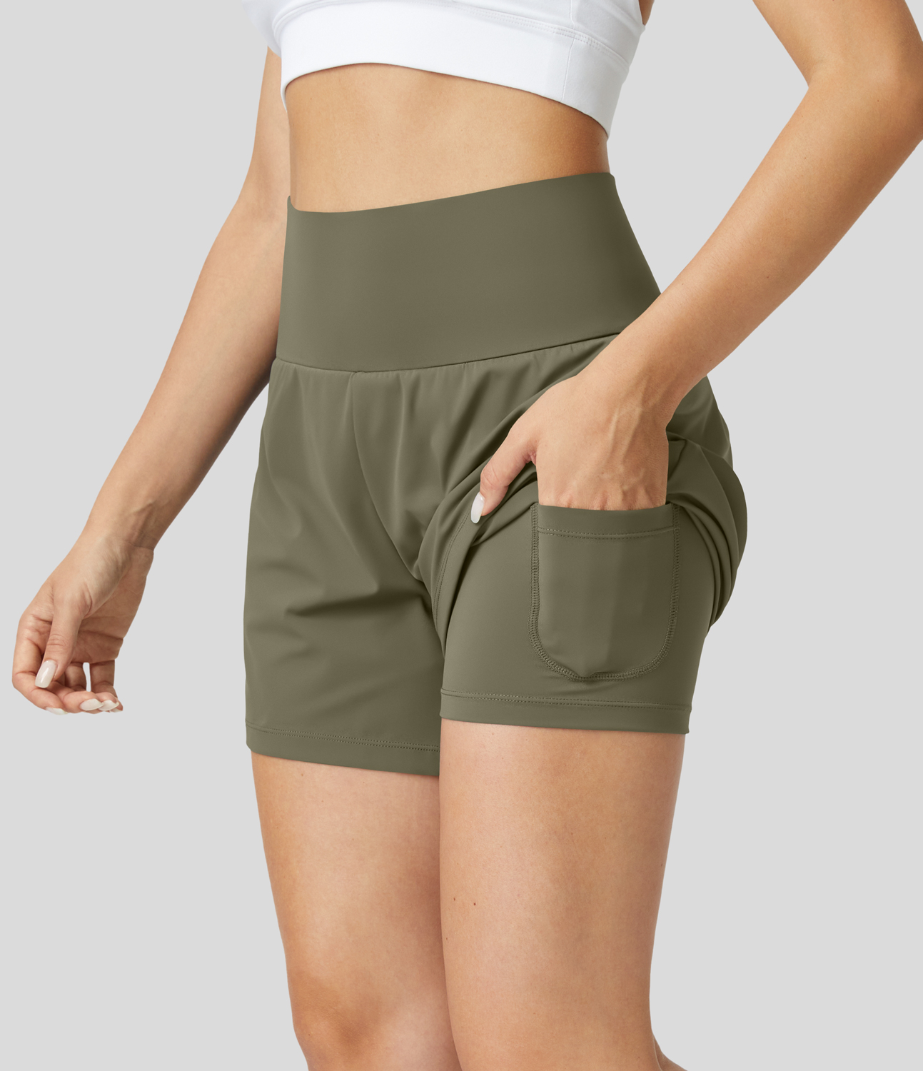 Super High Waisted Back Pocket & Side Hidden Pocket 2-in-1 Yoga Shorts 5''-Longer Length