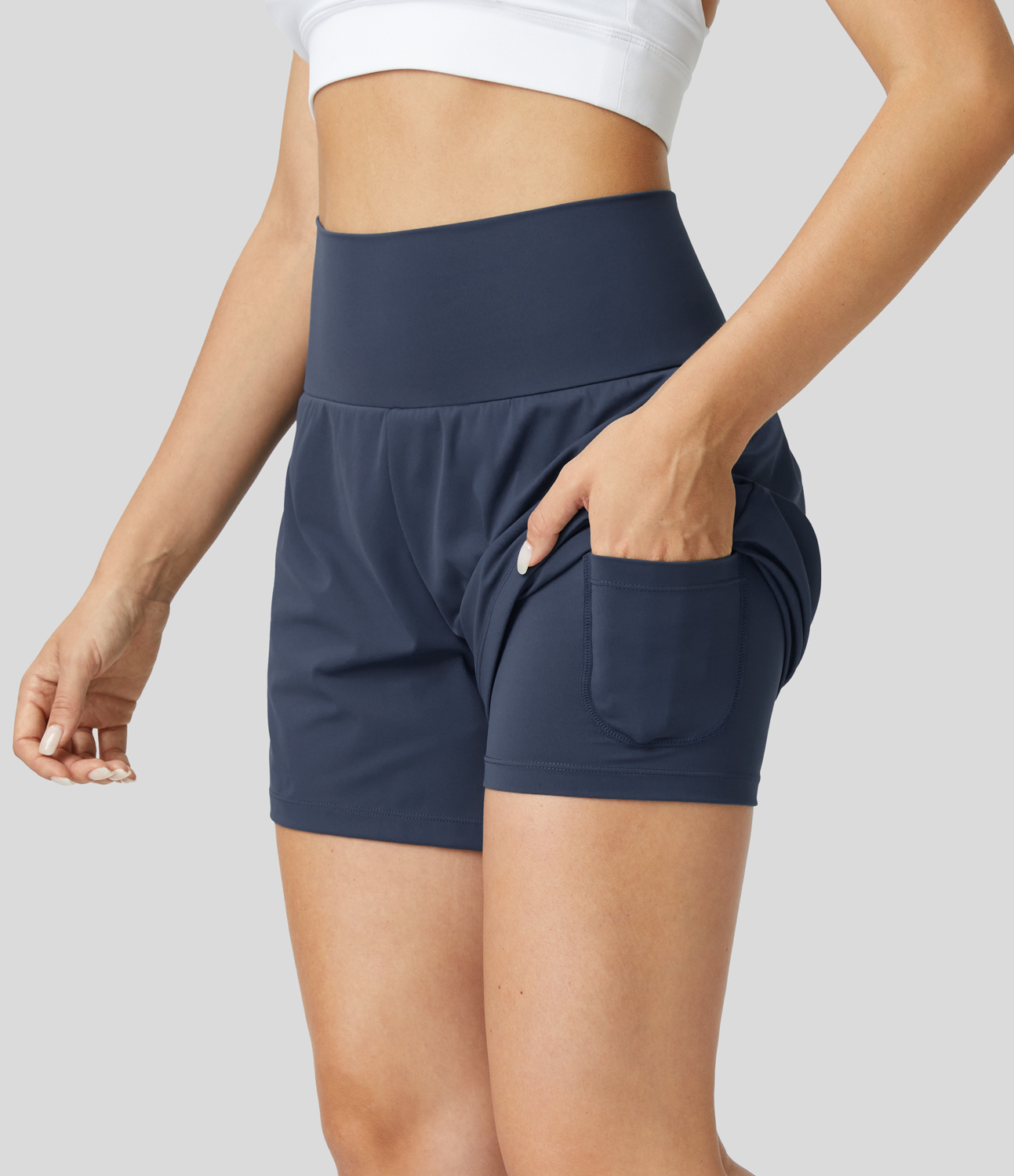 Super High Waisted Back Pocket & Side Hidden Pocket 2-in-1 Yoga Shorts 5''-Longer Length