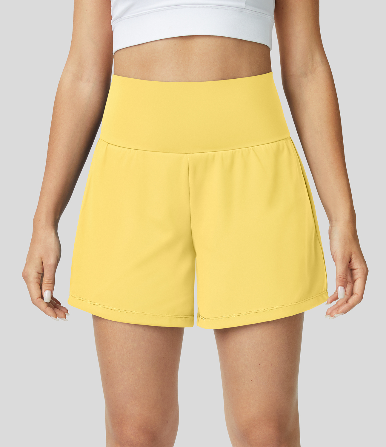 Super High Waisted Back Pocket & Side Hidden Pocket 2-in-1 Yoga Shorts 5''-Longer Length