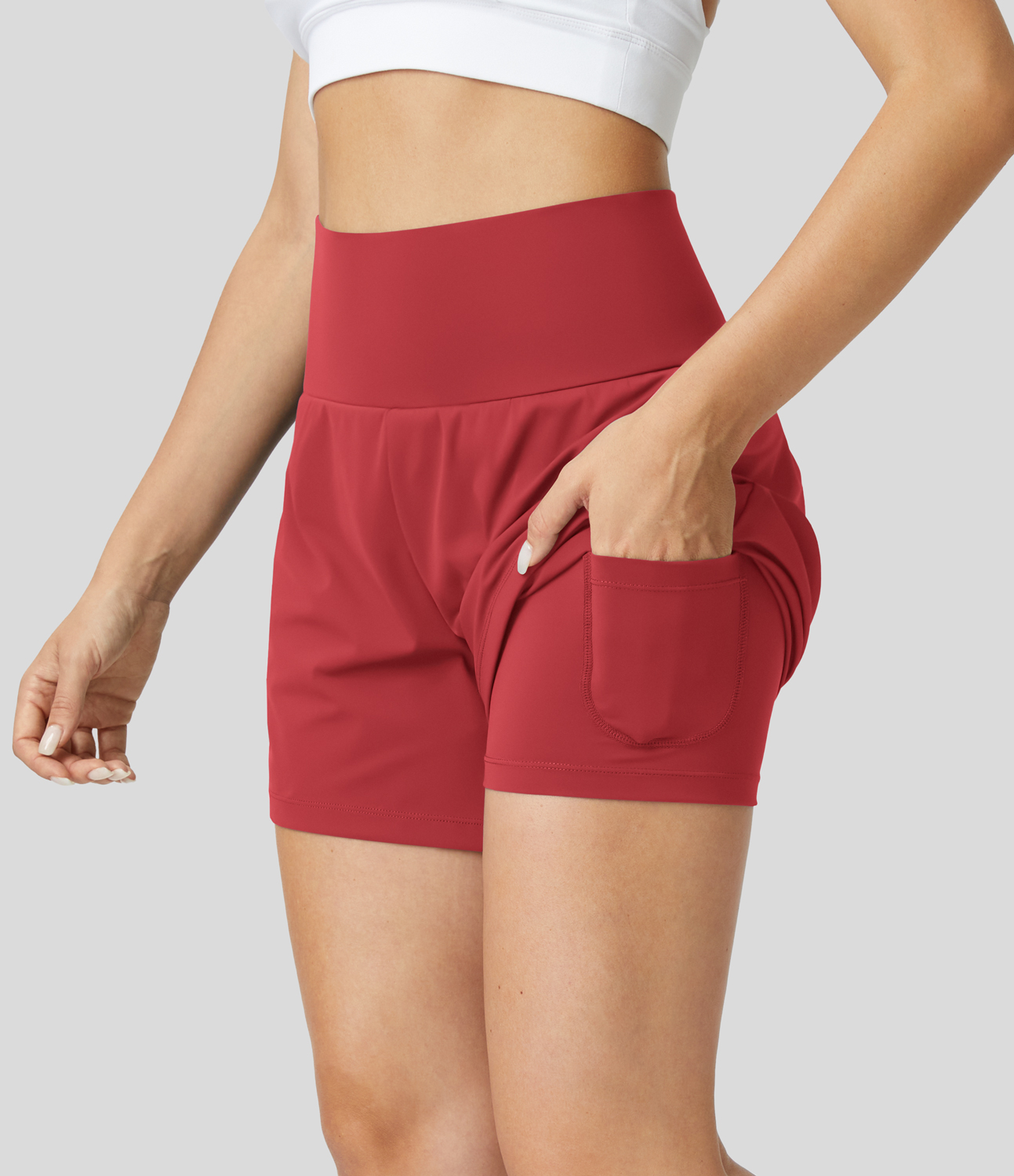 Super High Waisted Back Pocket & Side Hidden Pocket 2-in-1 Yoga Shorts 5''-Longer Length