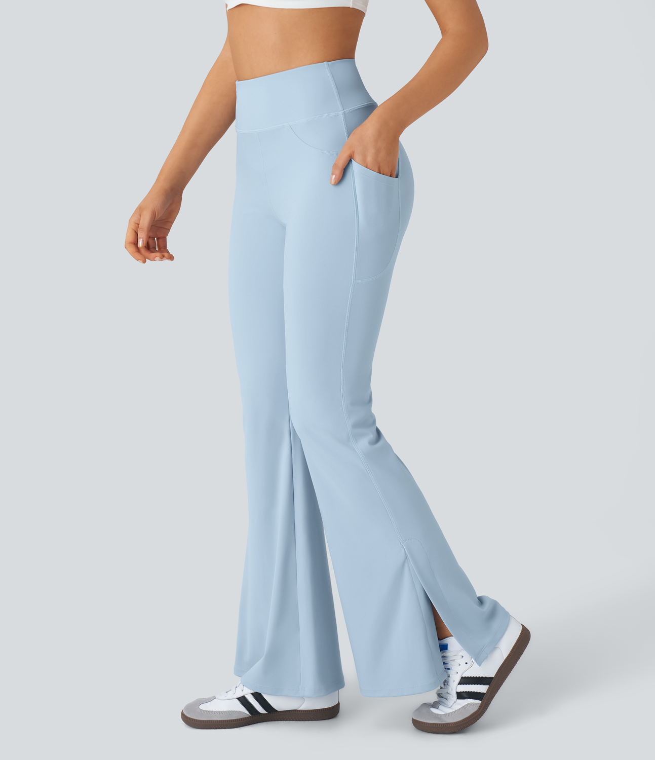 Softlyzero Airy High Waisted Side Pocket Split Casual Flare Leggings-UPF50+