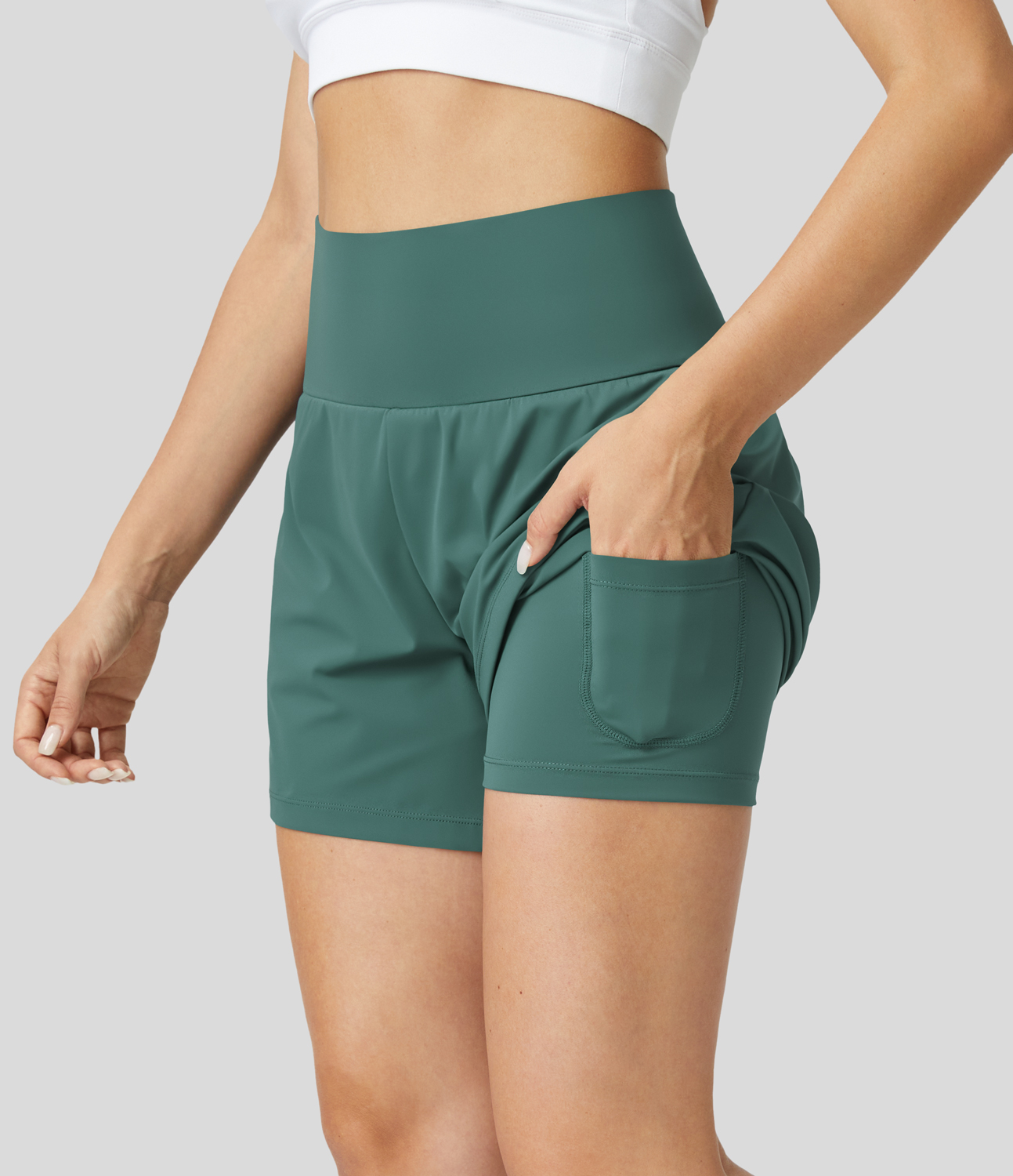 Super High Waisted Back Pocket & Side Hidden Pocket 2-in-1 Yoga Shorts 5''-Longer Length
