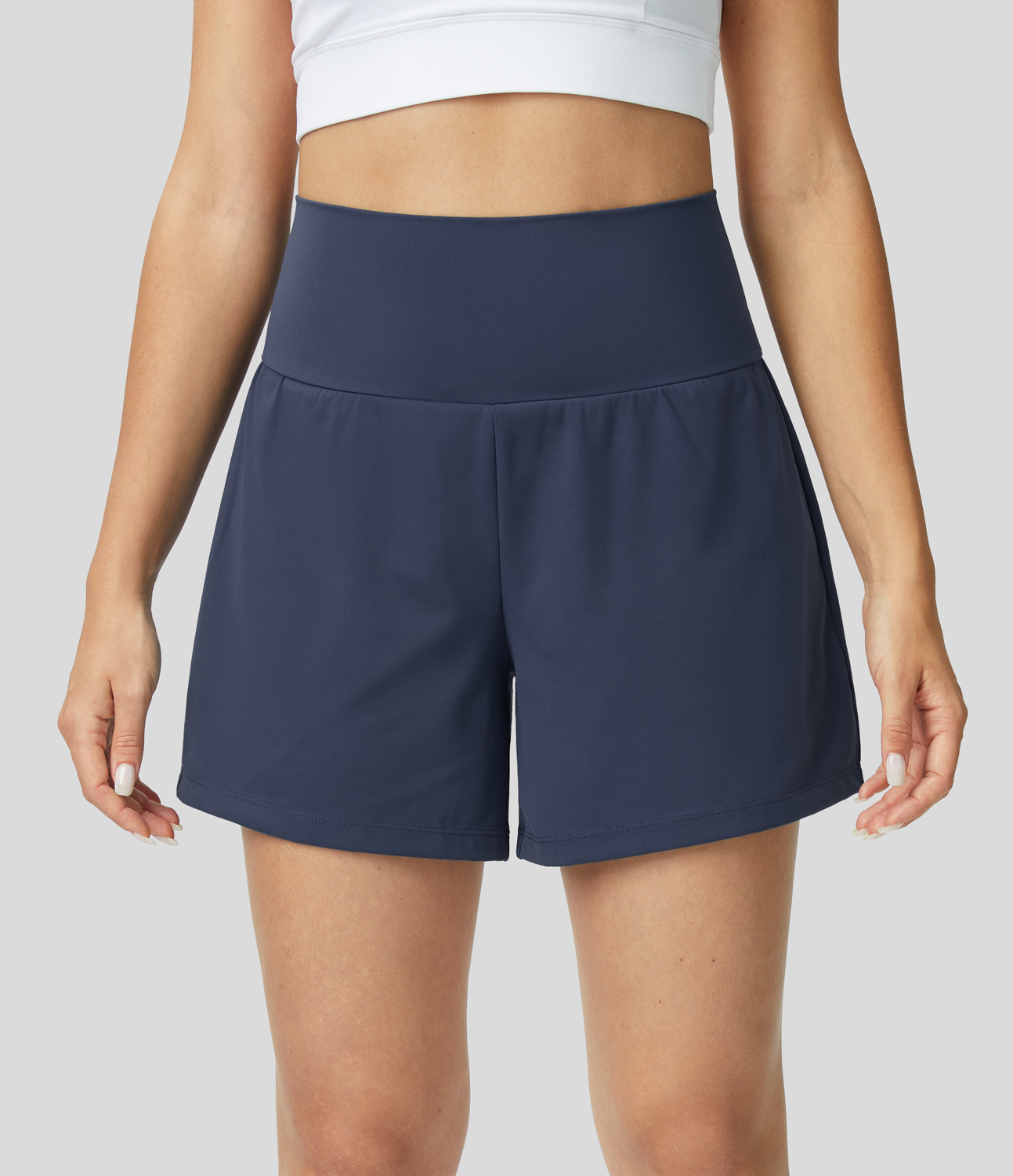 Super High Waisted Back Pocket & Side Hidden Pocket 2-in-1 Yoga Shorts 5''-Longer Length