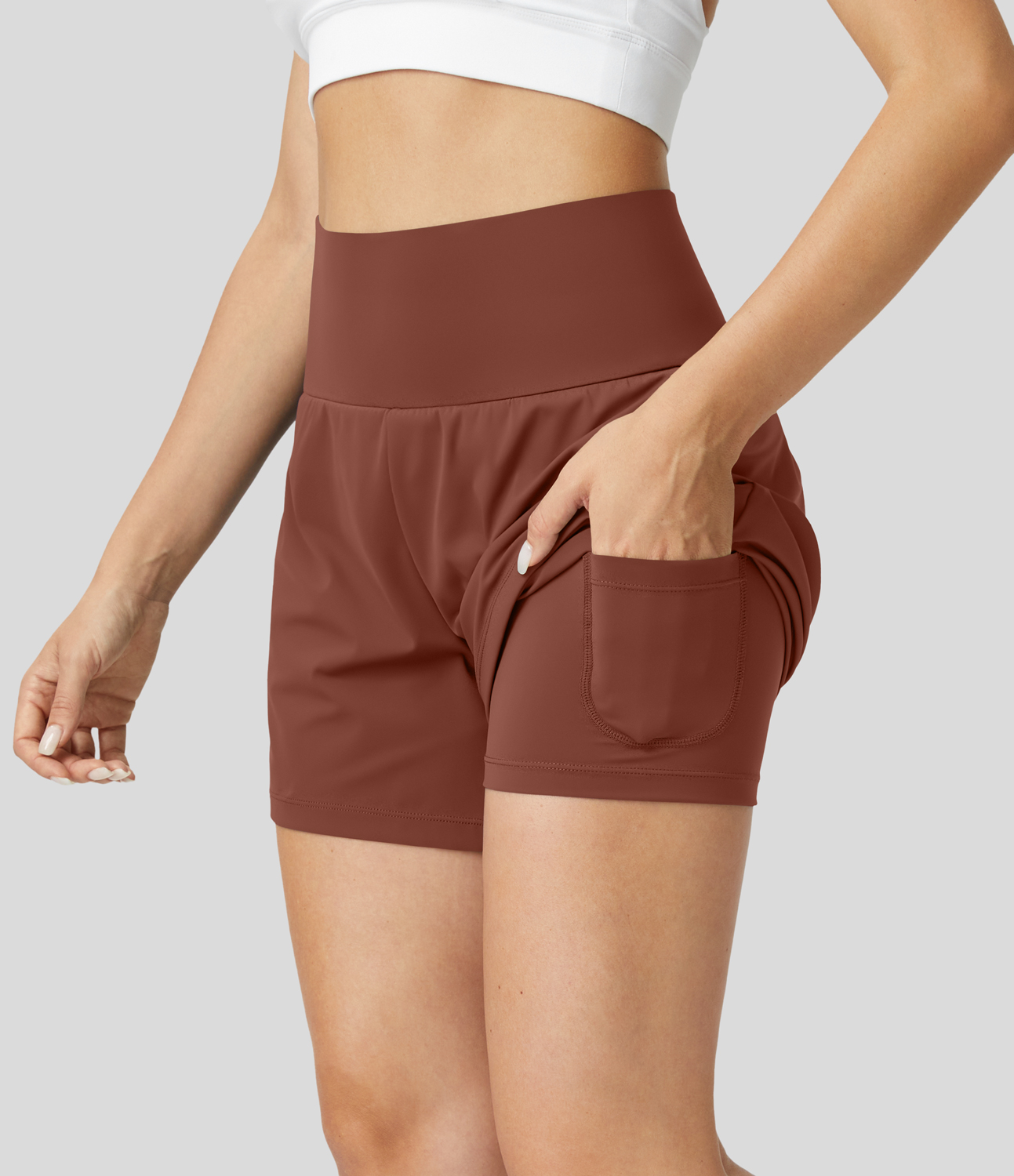 Super High Waisted Back Pocket & Side Hidden Pocket 2-in-1 Yoga Shorts 5''-Longer Length